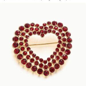 Red Crystal Heart Brooch Pin Gold Tone